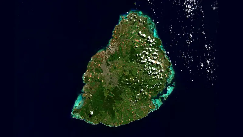 Satellite view of Mauritius surrounded by its lagoon